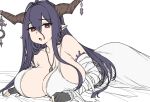  1girl antenna_hair bandaged_arm bandages bare_shoulders black_gloves blush breasts cleavage collarbone danua draph dress fingerless_gloves gloves granblue_fantasy hair_between_eyes horn_ornament horns houtengeki large_breasts long_hair looking_at_viewer lying on_stomach open_mouth pointy_ears purple_hair red_eyes solo white_dress 