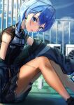 1girl blue_eyes blue_hair earphones feet_out_of_frame hair_between_eyes hololive hoshimachi_suisei jacket jacket_partially_removed juice juice_box knees_up legs looking_at_viewer looking_to_the_side official_alternate_hair_length official_alternate_hairstyle orange_pantyhose pantyhose shiotsuke_sasami short_hair sitting solo star_(symbol) star_in_eye symbol_in_eye virtual_youtuber 