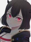  1girl black_capelet black_clover black_hair black_horns bob_cut capelet closed_mouth highres horns looking_at_viewer portrait red_eyes rizaavana secre_swallowtail short_hair solo twitter_username white_background 