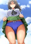  1girl absurdres black_hair black_neckerchief blouse blue_eyes blue_panties blue_sky bow bow_panties closed_mouth cloud cloudy_sky commentary_request commission crotch_seam day from_below frown girls_und_panzer glaring green_skirt half-closed_eyes highres lifted_by_self long_hair long_sleeves looking_at_viewer miniskirt neckerchief nonna_(girls_und_panzer) ooarai_school_uniform outdoors panties partial_commentary pleated_skirt sailor_collar school_uniform serafuku shirt skeb_commission skirt sky solo standing swept_bangs underwear white_sailor_collar white_shirt zanntetu 