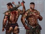  2boys abs absurdres artbyming back bara black_hair black_male_underwear blood blood_on_body blood_on_clothes briefs copyright_name dated facepaint facial_hair green_pants gun highres holding holding_gun holding_weapon kapkan_(rainbow_six_siege) knife large_pectorals male_focus male_underwear multiple_boys muscular muscular_male navel open_pants pants pectorals rainbow_six_siege short_hair tachanka_(rainbow_six_siege) topless_male underwear weapon weapon_in_mouth 