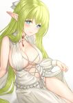  1girl absurdres bare_shoulders blue_eyes blush breasts center_opening choujin_koukousei-tachi_wa_isekai_demo_yoyuu_de_ikinuku_you_desu! clothes_lift elf frilled_shirt frills gem green_hair hair_ribbon half_updo highres kangbus large_breasts lifted_by_self lilulu_(choyoyu) long_hair looking_at_viewer navel no_bra no_panties pointy_ears revealing_clothes ribbon shirt side_slit sideboob sideless_outfit simple_background skirt skirt_lift skirt_set solo thighs very_long_hair white_background white_ribbon white_shirt white_skirt 