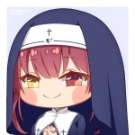  1girl artist_name blue_dress blush_stickers breasts chibi closed_mouth cross_print dress fpsmoe habit hands_up heart heart_print heterochromia hololive houshou_marine interlocked_fingers large_breasts long_hair looking_at_viewer nun red_eyes red_hair simple_background smile solo upper_body virtual_youtuber yellow_eyes 