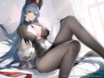  1girl artist_request azur_lane bed_sheet black_dress blue_hair bodystocking breasts center_opening commentary_request copyright_name covered_navel dress forked_tongue gloves hat horns indoors knees_up large_breasts long_hair looking_at_viewer marco_polo_(azur_lane) official_art on_bed pillow red_eyes sitting solo stuffed_toy tongue tongue_out white_gloves window 