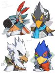  2022 anthro avian beak blue_body breath_of_the_wild clothing crossover falco_lombardi feathers green_eyes group hi_res kass_(tloz) male narrowed_eyes nintendo open_mouth pruh revali rito scarf shoulder_pads signature simple_background star_fox teba_(tloz) the_legend_of_zelda white_background white_body yellow_eyes 