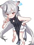  1girl absurdres animal_ears bare_arms bare_legs bare_shoulders barefoot black_hair blue_archive brown_eyes grey_hair highres kokona_(blue_archive) long_hair multicolored_hair simple_background solo tadashisa tiger_ears two-tone_hair white_background 