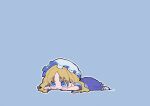  1girl :3 blonde_hair blue_background blue_eyes blush chibi commentary_request dress full_body hat highres long_hair lying maribel_hearn mob_cap nama_udon negative_space on_stomach outline purple_dress simple_background solo touhou white_outline 