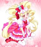  1girl aisaki_emiru blonde_hair blunt_bangs boots bow bowtie commentary cure_macherie dress drill_hair eyelashes full_body gloves hat hat_bow heart hugtto!_precure layered_dress long_hair magical_girl open_mouth pink_background pouch precure puffy_short_sleeves puffy_sleeves red_bow red_bowtie red_dress red_eyes red_footwear sakuramon short_dress short_sleeves single_horizontal_stripe sitting smile solo sparkle thighhighs twin_drills twintails very_long_hair wariza white_gloves white_headwear white_thighhighs yagasuri zerolay 