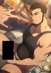  1boy bar_censor bara beard beer_can black_tank_top brown_hair can censored cigarette facial_hair feet_out_of_frame grey_male_underwear hair_slicked_back head_tilt highres large_pectorals male_focus male_pubic_hair male_underwear muscular muscular_male mustache_stubble no_pants original oro9 paid_reward_available pectoral_cleavage pectorals penis_grab phone pov pov_hands pubic_hair seductive_smile short_hair sidepec sitting smile solo_focus sweat sweating_profusely tank_top thick_eyebrows thick_thighs thighs underwear underwear_around_one_leg used_tissue 
