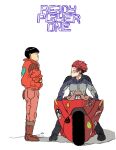  1boy 1girl akira art3mis black_hair breasts crossover highres jacket kaneda_shoutarou&#039;s_bike kaneda_shoutarou_(akira) motor_vehicle motorcycle pants ready_player_one red_hair red_jacket red_pants simple_background tora0820 white_background 