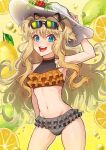  1girl air_bubble animal_ears bikini black_bikini blonde_hair bubble cat_ears commentary cowboy_shot eyewear_on_head fake_animal_ears food frilled_bikini frills fruit halterneck hand_on_headwear hat highres kamille_(vcx68) lemon lime_(fruit) long_hair looking_at_viewer navel open_mouth orange_(fruit) seeu smile solo standing sun_hat sunglasses swimsuit two_side_up vocaloid wavy_hair white_headwear 