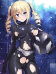  1girl angelina_kudou_shields arm_at_side ass_visible_through_thighs black_bodysuit blonde_hair blue_eyes blue_ribbon blush bodysuit breasts cameltoe carrying carrying_under_arm closed_mouth commentary_request contrapposto covered_nipples cowboy_shot drill_hair furrowed_brow hair_between_eyes hair_ribbon helmet highres large_breasts looking_at_viewer mahouka_koukou_no_rettousei navel paid_reward_available pasya-pasya ribbon skin_tight solo torn_bodysuit torn_clothes twin_drills twintails 