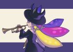  1girl black_dress black_headwear blonde_hair blue_hair dress from_side holding holding_instrument instrument long_hair long_sleeves mian_noodle multicolored_hair music playing_instrument profile purple_hair solo splatoon_(series) suction_cups tentacle_hair trumpet upper_body yoko_(splatoon) 