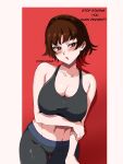  1girl abs alternate_breast_size alternate_costume annoyed arm_under_breasts bare_shoulders black_pants black_sports_bra blush border braid breasts brown_hair cleavage collarbone english_text highres hyper.rxgue large_breasts looking_at_viewer midriff navel niijima_makoto open_mouth pants persona persona_5 red_eyes short_hair solo sports_bra stomach thigh_gap v-shaped_eyebrows white_border yoga_pants 