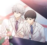  2boys black_eyes blush brown_hair collared_shirt flower formal grey_hair highres ikari_shinji instrument looking_at_another looking_down male_focus multiple_boys music nagisa_kaworu necktie neon_genesis_evangelion piano playing_instrument playing_piano purple_necktie red_eyes shirt short_bangs short_hair spiked_hair suit white_flower white_shirt white_suit yuki_fumuke 