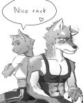  &lt;3 anthro black_and_white black_nose blush bottle bottomwear bra breasts canid canine canis chest_tuft cleavage clothed clothing collarbone container dialogue domestic_cat duo embarrassed felid feline felis female fur give_no_hoots gym_bottomwear gym_clothing gym_shorts hi_res inner_ear_fluff kelly_cohen_(give_no_hoots) male male/female mammal monochrome multicolored_body multicolored_fur muscular ray_smith_(give_no_hoots) shorts side_view skimpy speech_bubble sports_bra sportswear tuft two_tone_body two_tone_fur underwear wolf 