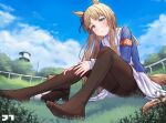  1girl absurdres animal_ears armband artist_logo asymmetrical_footwear asymmetrical_legwear blue_jacket blush boots boots_removed breath brown_pantyhose cloud commentary_request day grass grass_wonder_(umamusume) green_eyes highres horse_ears horse_girl horse_tail jacket jtleeklm long_hair long_sleeves looking_at_viewer mismatched_footwear mixed-language_commentary outdoors pantyhose parted_lips revision sailor_collar sitting skirt solo sweat tail thighband_pantyhose tree umamusume white_skirt 