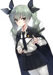  1girl absurdres anchovy_(girls_und_panzer) battle_koala black_cape black_necktie black_ribbon blush cape drill_hair girls_und_panzer green_hair hair_between_eyes hair_ribbon highres holding_riding_crop long_hair long_sleeves looking_at_viewer necktie pantyhose pleated_skirt red_eyes ribbon riding_crop shirt simple_background skirt smile solo twin_drills twintails white_background white_pantyhose white_shirt white_skirt 