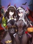  2girls absurdres bat_(animal) black_hair bridal_garter chain covered_navel fangs feathers flower green_eyes halloween halloween_bucket hand_on_another&#039;s_hip highres horns multicolored_hair multiple_girls original pointy_ears red_eyes see-through veil wish-tf 