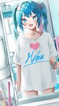  1girl bathroom blue_eyes blue_hair character_name clothes_writing commentary cowboy_shot cup day dutch_angle hatsune_miku heart heart_print highres holding holding_toothbrush indoors light_blush long_hair mirror open_mouth pixiv_id reflection shirt shirubaa signature smile solo standing t-shirt toothbrush towel twintails twitter_username vocaloid white_shirt 