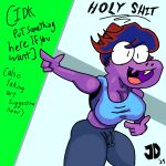  1:1 anthro black_hair blue_clothing breasts cleavage clothed clothing dragon english_text excited female gesture green_background green_screen grey_background hair highlights_(coloring) jimothy_dickerman open_mouth pointing profanity purple_body red_hair scalie shaded shirt signature simple_background simple_eyes simple_shading snaggle_tooth solo sweatpants tank_top text topwear wide_eyed wingless_dragon 