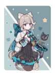  1girl :o ameoto_00 animal_ear_fluff animal_ears aqua_background aqua_bow aqua_hair artist_name belt black_belt black_gloves black_headwear black_leotard black_pantyhose blue_background blunt_bangs blush border bow card cat_ears cat_girl cat_tail commentary_request cowboy_shot cropped_legs expressionless eyelashes facial_mark frilled_leotard frills genshin_impact gloves grey_hair hair_bow hand_up hat hat_removed headwear_removed holding holding_card huge_bow leotard long_hair long_sleeves looking_at_viewer low_ponytail lynette_(genshin_impact) multicolored_hair open_mouth outside_border pantyhose parted_bangs parted_lips playing_card ponytail purple_eyes shrug_(clothing) sidelocks sleeve_cuffs solo sparkle star_(symbol) star_facial_mark streaked_hair tail top_hat twitter_username two-tone_gloves white_border white_gloves wing_collar 
