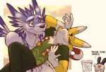  anthro bandai_namco clothing dahecksajerry digimon digimon_(species) dramatic duo fur garurumon kyubimon male male/male princess_carry shirt smile striped_body striped_fur stripes t-shirt topwear trash_can yellow_body yellow_eyes yellow_fur 