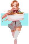  1girl :d aqua_background basket bleach bow bread brown_eyes commentary_request eyelashes feet_out_of_frame floating_hair food grey_skirt happy highres holding holding_basket inoue_orihime long_hair looking_at_viewer miniskirt open_mouth orange_hair parted_bangs pleated_skirt red_bow school_uniform shirt simple_background skirt smile solo standing teeth thighhighs two-tone_background ui_1231 upper_teeth_only white_background white_shirt white_thighhighs zettai_ryouiki 