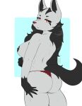 absurd_res anthro areola azucana black_areola black_nipples breasts butt clothing female frown generation_3_pokemon hi_res looking_at_viewer mightyena nintendo nipples panties pokemon pokemon_(species) rear_view solo thong underwear 