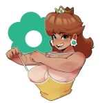  1girl blush breasts crown dabble earrings flipped_hair flower_earrings green_eyes highres jewelry large_breasts looking_at_viewer mario_(series) one_breast_out open_mouth princess princess_daisy simple_background solo sphere_earrings strap_pull tan tank_top 