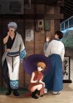  1girl 2boys absurdres black_hair boots closed_eyes double_bun gintama glasses grey_hair hair_bun hand_on_own_neck highres holding holding_umbrella house kagura_(gintama) kneeling multiple_boys open_mouth orange_hair outdoors sakata_gintoki sandals shimura_shinpachi shooogun short_hair socks translation_request umbrella yawning 