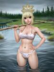  1girl bikini blonde_hair breasts cleavage commentary dr._stone forest fundoshi gohpot grass green_eyes hand_on_own_hip highres holding holding_polearm holding_weapon japanese_clothes kohaku_(dr._stone) medium_breasts nature navel polearm ponytail river smile solo spear swimsuit tree wading weapon white_bikini 
