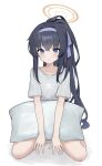 1girl absurdres alternate_costume black_hair blue_archive blush grey_shirt hairband halo high_ponytail highres long_hair looking_at_viewer nagisa_(cxcx5235) official_alternate_hairstyle pillow pout purple_eyes shirt sidelocks sitting solo ui_(blue_archive) wariza yellow_halo 