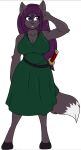  2017 anthro black_body black_fur black_nose breasts canid canine cleavage clothed clothing dress female fox fur green_clothing green_dress hair hand_behind_head katana mammal melee_weapon mirasuke_inhara purple_eyes purple_hair skidd solo standing sword teeth the_servant_omen weapon 