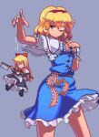  1girl ;) alice_margatroid blonde_hair blue_dress blue_eyes capelet commentary doll dress frilled_dress frills grey_background hairband holding holding_weapon looking_at_viewer one_eye_closed pixel_art potemki11 red_hairband shanghai_doll short_hair simple_background smile solo touhou weapon white_capelet yellow_eyes 