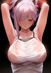  1girl absurdres armpits arms_up black_background blush breasts camisole collarbone covered_nipples dated_commentary fate/grand_order fate_(series) hair_over_one_eye highres large_breasts light_purple_hair looking_down miyamoto_musashi_(fate) rororo simple_background single_sidelock solo sweat sweaty_clothes undressing upper_body white_camisole 