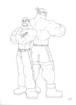  belt black_and_white boots bottomwear braford clothed clothing duo facial_hair footwear human humanoid male mammal monochrome muscular muscular_male mustache orc pants shirtless sketch topless trassk tusks 