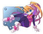  1girl black_bodysuit blonde_hair blue_eyes bodysuit breasts ciel_(mega_man) gloves high_heels kaidou_zx looking_at_viewer mega_man_(series) mega_man_zero pink_headwear pink_skirt pink_vest ponytail sitting skirt small_breasts upskirt vest white_gloves 