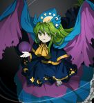  1girl black_background blue_capelet bow bowtie capelet commentary_request crescent dress gradient_background green_eyes green_hair grey_background hat highres kaigen_1025 long_hair long_sleeves looking_at_viewer mima_(touhou) orb parted_lips solo star_(symbol) story_of_eastern_wonderland sun_print sun_symbol touhou touhou_(pc-98) wings wizard_hat yellow_bow yellow_bowtie 