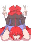  1girl absurdres blue_bow bow breasts burijittou cape cloak disembodied_head double_v dullahan full_body highres kneeling long_sleeves looking_at_viewer miniskirt red_eyes red_hair sekibanki sekibanki_day short_hair skirt solo thighs tongue tongue_out touhou v 