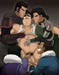  2girls 3boys absurdres aizenhower amon_(legend_of_korra) armor avatar_legends bisexual_female bisexual_male black_hair bolin bottomless dark-skinned_male dark_skin desna dress facial_hair fur-trimmed_jacket fur_trim green_dress groping highres jacket kuvira lifted_by_another long_hair looking_at_another male_pubic_hair multiple_boys multiple_girls muscular muscular_male mustache naked_shirt penis pubic_hair shirt short_hair shoulder_armor sideburns tank_top testicles the_legend_of_korra thick_eyebrows varrick white_tank_top 