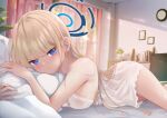  1girl blonde_hair blue_archive blue_hair blue_halo blush breasts c.u.wa clock commentary_request curtains dress halo large_breasts long_hair looking_at_viewer loungewear lying multicolored_hair on_stomach plant potted_plant smile solo streaked_hair toki_(blue_archive) white_dress 