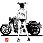  1girl artist_logo back bat_wings bikini black_bikini black_footwear black_hair from_behind full_body hair_bun hair_wings hand_on_own_hip hand_on_own_thigh high_heels highres monochrome motor_vehicle motorcycle original side-tie_bikini_bottom solo standing swimsuit tattoo tohno_yuichiro wings 