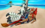  3_tails absurd_res anthro antlers arm_tuft balls bangs beach bodily_fluids bottomwear bulge bulge_rubbing canid canine claws clothed clothing cloud detailed_background digital_media_(artwork) dragon duo elbow_tuft erection excessive_genital_fluids excessive_precum facial_markings feet fennec foot_tuft fox frottage fur genital_fluids genitals hair head_markings heel_tuft hi_res horn howlfeiwolf hybrid hyper island knot leaking leaking_precum long_hair lucario289 male male/male mammal markings multi_tail multicolored_body multicolored_fur muscular muscular_anthro muscular_male nipples open_mouth outside palm_tree paws penis plant precum reptile_tail sand scales seaside sex shorts sky smile stripes swimming_trunks swimwear tail tail_tuft teeth toes tongue tongue_out tree tuft water whiskers white_body white_fur 