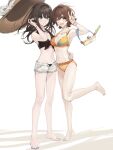  2girls absurdres arm_around_waist bikini black_bikini black_hair breasts brown_headwear cleavage cutoffs diving_mask front-tie_bikini_top front-tie_top full_body goggles green_eyes hand_on_another&#039;s_hip hat hat_removed headwear_removed highres honda_mio idolmaster idolmaster_cinderella_girls long_hair medium_breasts mismatched_bikini multiple_girls nail_polish orange_bikini shibuya_rin shorts standing standing_on_one_leg straw_hat sun_hat swimsuit toenail_polish toenails toma_citrusta v white_shorts wind wind_lift 