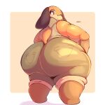  big_butt bottomwear butt canid canine canis clothed clothing domestic_dog duck_hunt duck_hunt_dog female hi_res hotpants huntress_(lewdewott) lightmizano mammal nintendo overweight pants short_stack shorts simple_background solo thick_thighs 