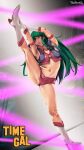  1girl armpits arms_up artist_name ass blue_eyes boots breasts copyright_name flexible full_body gloves green_hair highres holding_leg kneepits leg_hold leg_lift leg_up legs long_hair navel open_mouth purple_shirt red_shirt red_shorts reika_(time_gal) retorabi00 shirt short_shorts shorts solo split standing standing_on_one_leg standing_split thighs time_gal white_footwear white_gloves 