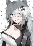  1girl absurdres animal_ears arknights bandeau bespectacled black_jacket breasts cleavage commentary_request eroborne glasses grey_eyes grey_hair grin hair_ornament hairclip high_collar highres jacket lappland_(arknights) large_breasts looking_at_viewer open_clothes open_jacket simple_background smile solo strapless tube_top upper_body white_background wolf_ears 