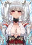  1girl absurdres azur_lane bare_shoulders blunt_bangs blush breasts center_opening collarbone detached_sleeves dragon_girl dragon_horns hair_on_horn hands_up highres horns japanese_clothes kimono large_breasts long_hair looking_at_viewer parted_lips red_eyes shimanto_(azur_lane) siota1998 solo upper_body water_drop wet wet_clothes white_hair wide_sleeves 