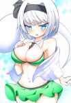  1girl between_breasts bikini black_hairband blue_eyes blush breasts bright_pupils cleavage commentary cowboy_shot detached_sleeves ghost green_bikini gyuta hair_intakes hairband highres konpaku_youmu konpaku_youmu_(ghost) large_breasts looking_at_viewer navel open_mouth solo standing sweatdrop swimsuit touhou white_pupils 